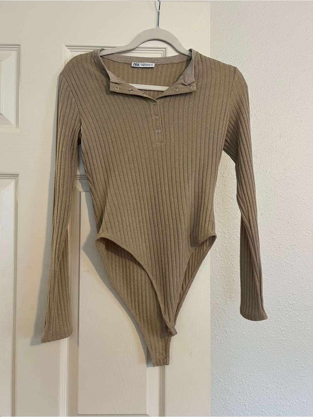 Zara Ribbed Long-Sleeve Henley Bodysuit in Taupe